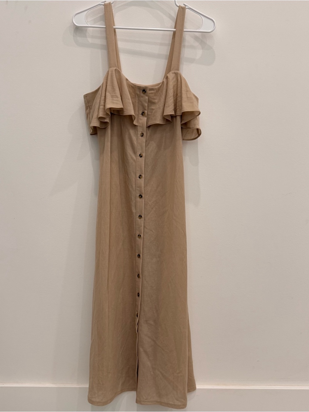 Gianni Bini Tan Ruffle Button-Front Midi Dress